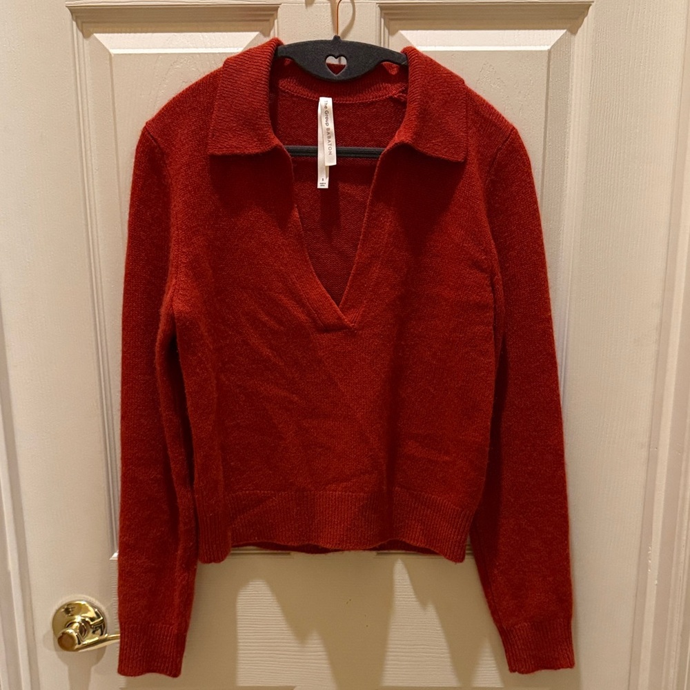 Babaton Rich Red Polo V-Neck Corp Cashmere Sweater